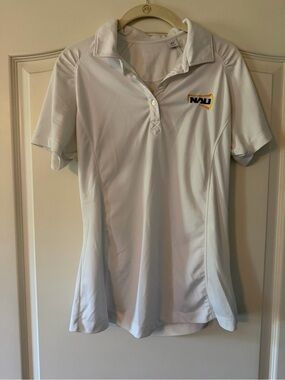 Nau White Polo with Navy and Gold Logo